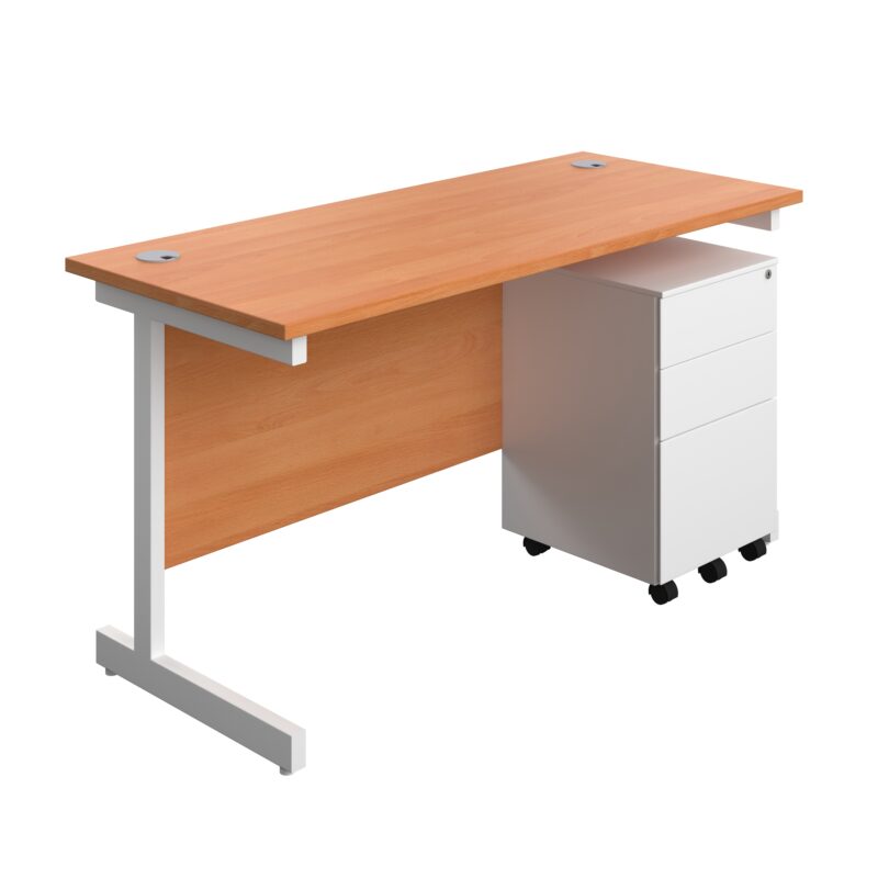 Single Upright Rectangular Desk + Under Desk Steel Pedestal 3 Drawers | 1400 X 600 | Beech/White