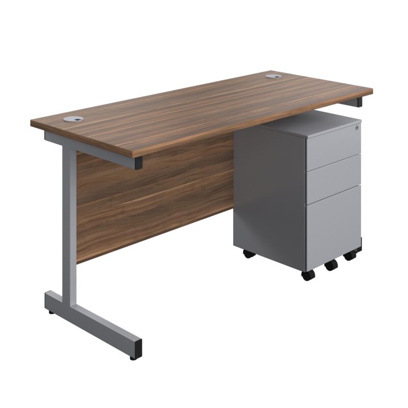 Single Upright Rectangular Desk + Under Desk Steel Pedestal 3 Drawers | 1400 X 600 | Dark Walnut/Silver