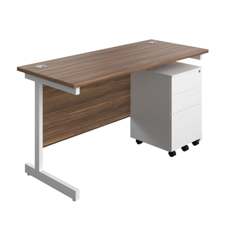 Single Upright Rectangular Desk + Under Desk Steel Pedestal 3 Drawers | 1400 X 600 | Dark Walnut/White