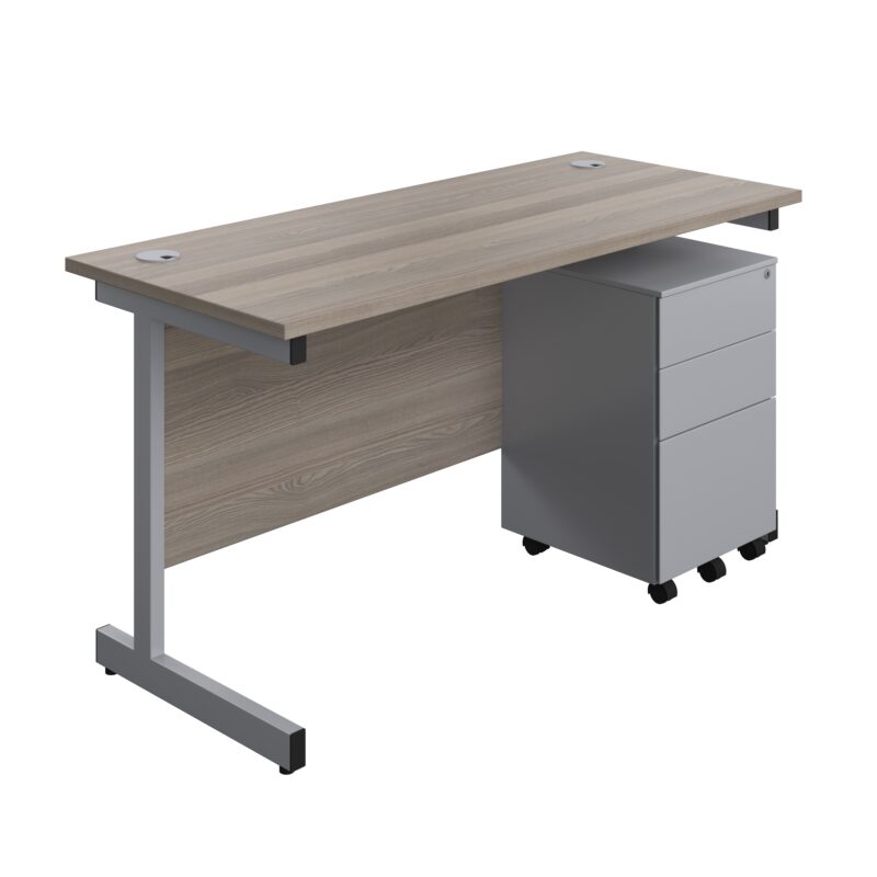 Single Upright Rectangular Desk + Under Desk Steel Pedestal 3 Drawers | 1400 X 600 | Grey Oak/Silver