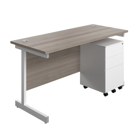 Single Upright Rectangular Desk + Under Desk Steel Pedestal 3 Drawers | 1400 X 600 | Grey Oak/White