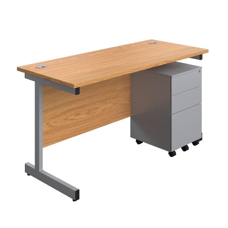 Single Upright Rectangular Desk + Under Desk Steel Pedestal 3 Drawers | 1400 X 600 | Nova Oak/Silver