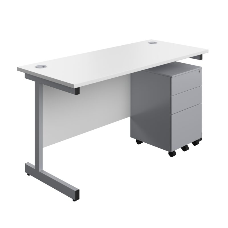 Single Upright Rectangular Desk + Under Desk Steel Pedestal 3 Drawers | 1400 X 600 | White/Silver