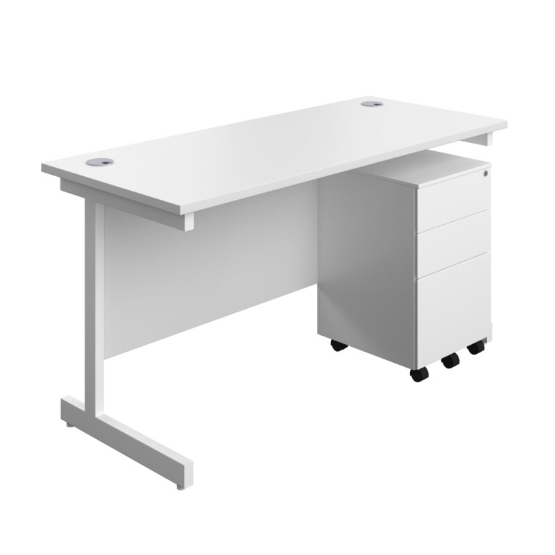 Single Upright Rectangular Desk + Under Desk Steel Pedestal 3 Drawers | 1400 X 600 | White/White