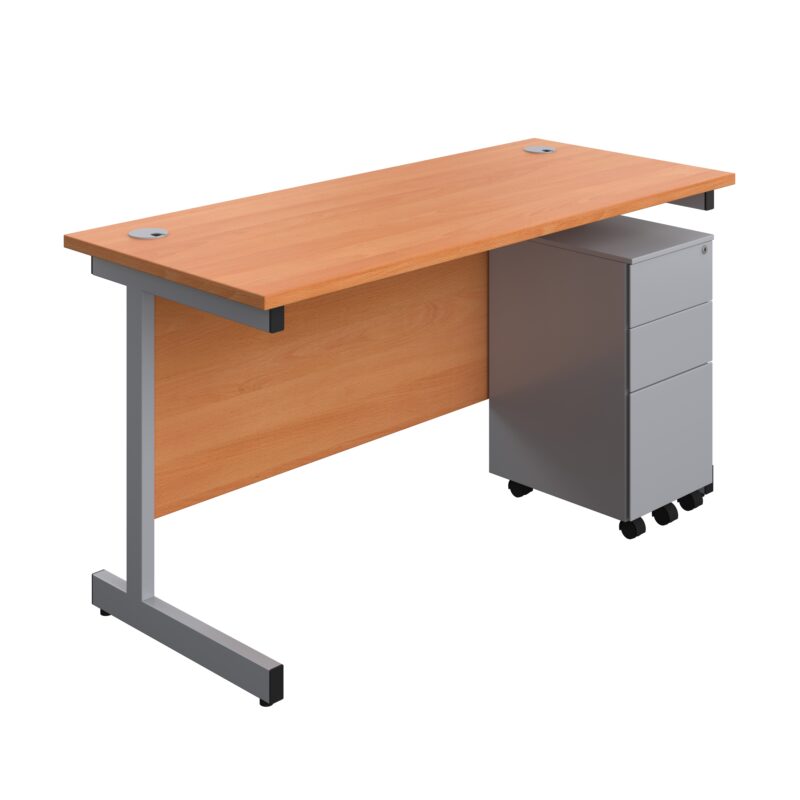 Single Upright Rectangular Desk + Slimline Steel Pedestal 3 Drawers | 1400 X 600 | Beech/Silver