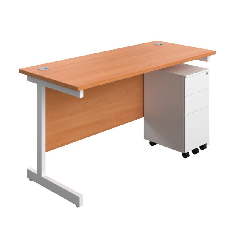 Single Upright Rectangular Desk + Slimline Steel Pedestal 3 Drawers | 1400 X 600 | Beech/White