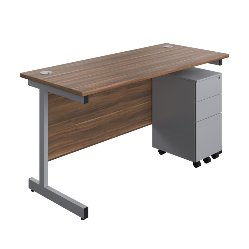 Single Upright Rectangular Desk + Slimline Steel Pedestal 3 Drawers | 1400 X 600 | Dark Walnut/Silver