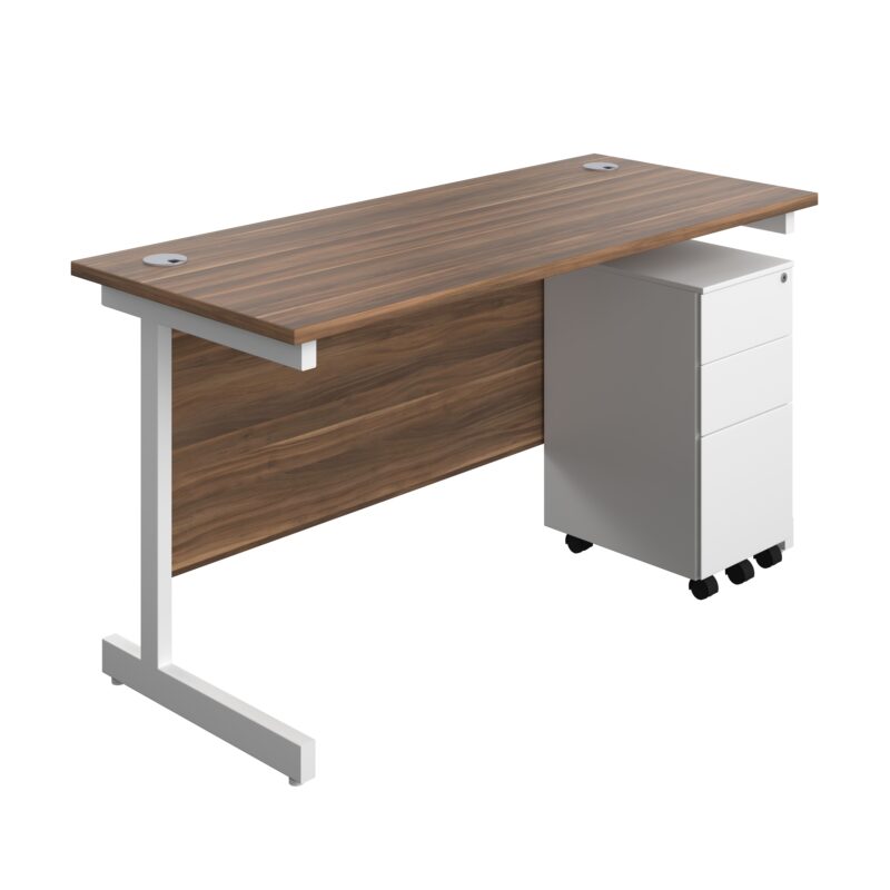 Single Upright Rectangular Desk + Slimline Steel Pedestal 3 Drawers | 1400 X 600 | Dark Walnut/White