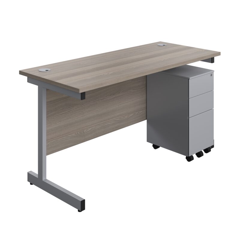 Single Upright Rectangular Desk + Slimline Steel Pedestal 3 Drawers | 1400 X 600 | Grey Oak/Silver