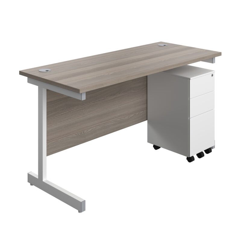 Single Upright Rectangular Desk + Slimline Steel Pedestal 3 Drawers | 1400 X 600 | Grey Oak/White