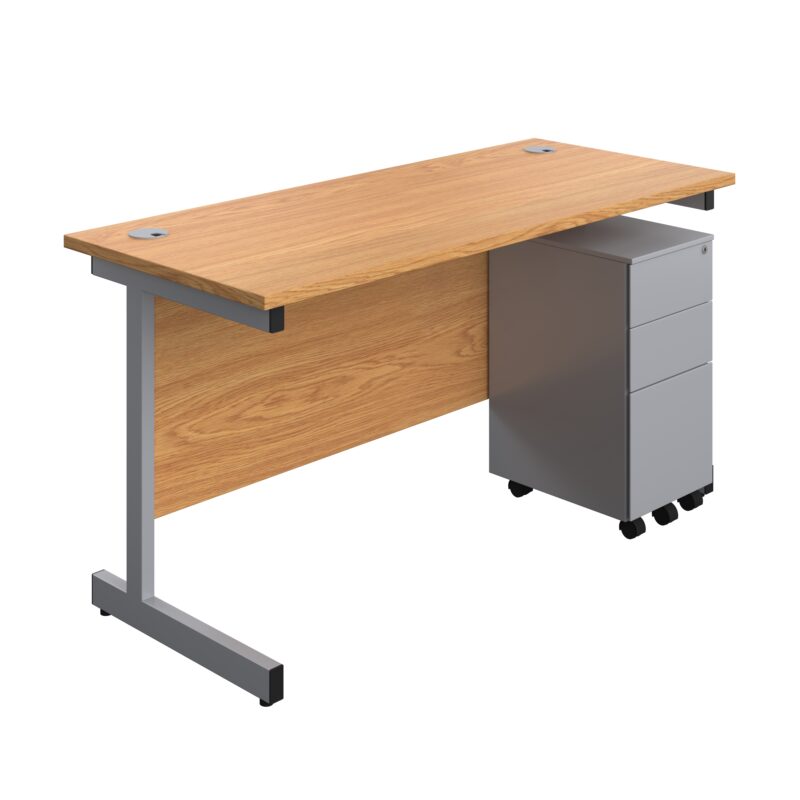 Single Upright Rectangular Desk + Slimline Steel Pedestal 3 Drawers | 1400 X 600 | Nova Oak/Silver