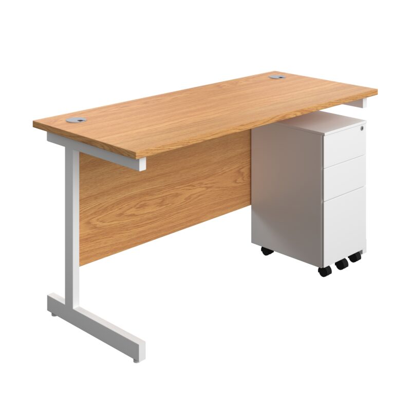 Single Upright Rectangular Desk + Slimline Steel Pedestal 3 Drawers | 1400 X 600 | Nova Oak/White