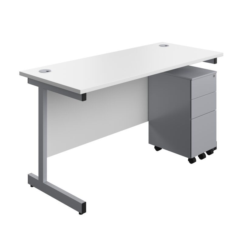 Single Upright Rectangular Desk + Slimline Steel Pedestal 3 Drawers | 1400 X 600 | White/Silver