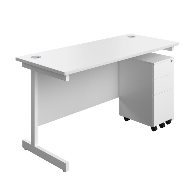 Single Upright Rectangular Desk + Slimline Steel Pedestal 3 Drawers | 1400 X 600 | White/White