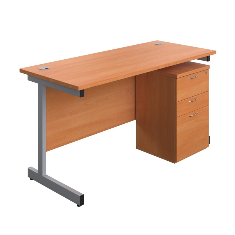 Single Upright Rectangular Desk + High Mobile Pedestal 3 Drawer | 1400 X 600 | Beech/Silver