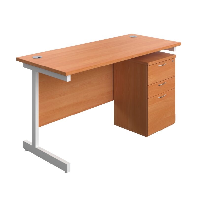 Single Upright Rectangular Desk + High Mobile Pedestal 3 Drawer | 1400 X 600 | Beech/White