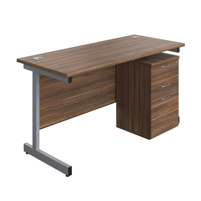 Single Upright Rectangular Desk + High Mobile Pedestal 3 Drawer | 1400 X 600 | Dark Walnut/Silver