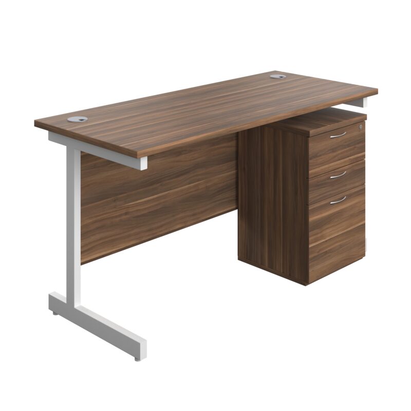 Single Upright Rectangular Desk + High Mobile Pedestal 3 Drawer | 1400 X 600 | Dark Walnut/White