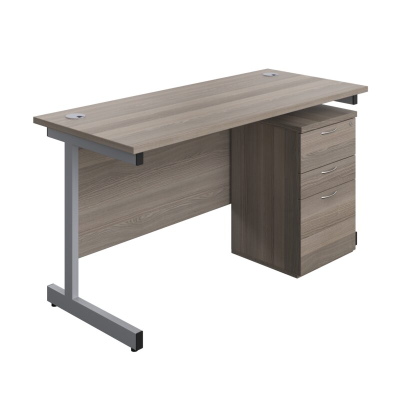 Single Upright Rectangular Desk + High Mobile Pedestal 3 Drawer | 1400 X 600 | Grey Oak/Silver