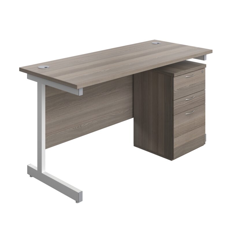 Single Upright Rectangular Desk + High Mobile Pedestal 3 Drawer | 1400 X 600 | Grey Oak/White