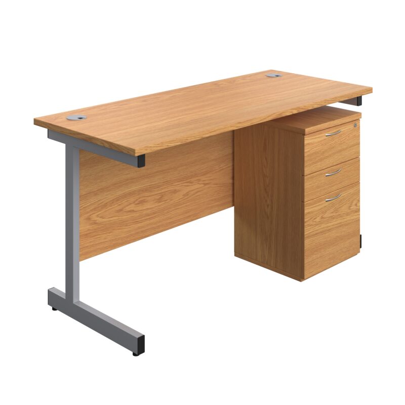 Single Upright Rectangular Desk + High Mobile Pedestal 3 Drawer | 1400 X 600 | Nova Oak/Silver