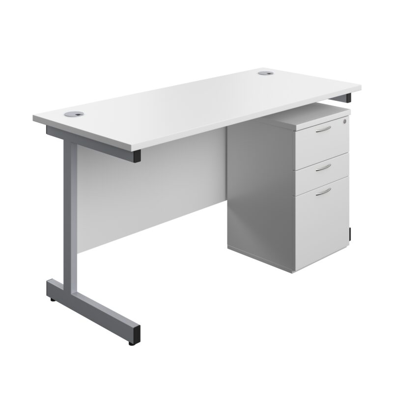 Single Upright Rectangular Desk + High Mobile Pedestal 3 Drawer | 1400 X 600 | White/Silver