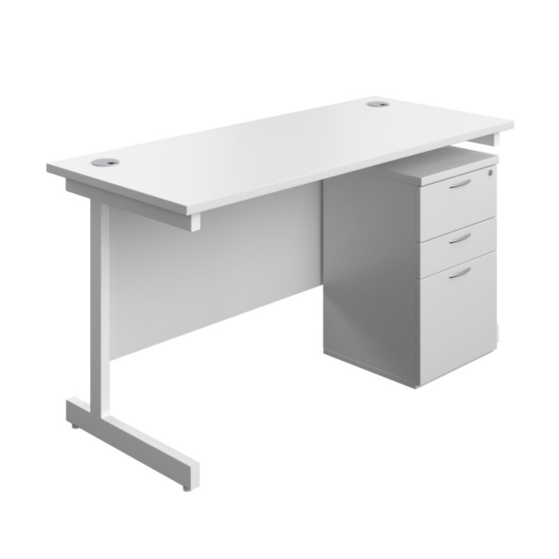 Single Upright Rectangular Desk + High Mobile Pedestal 3 Drawer | 1400 X 600 | White/White