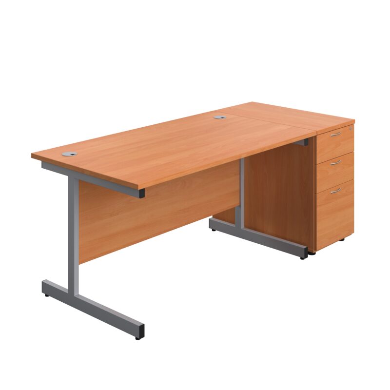 Single Upright Rectangular Desk + Desk High 3 Drawer Pedestal | 1400 X 800 | Beech/Silver