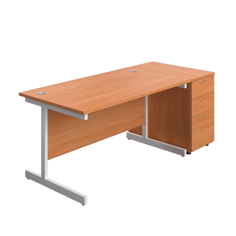 Single Upright Rectangular Desk + Desk High 3 Drawer Pedestal | 1400 X 800 | Beech/White