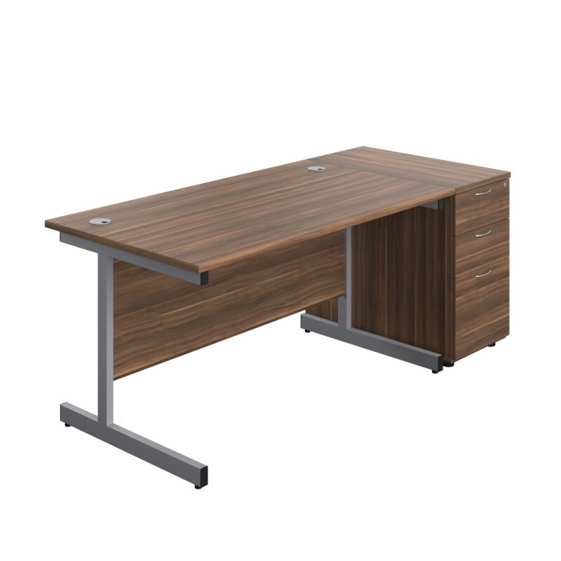 Single Upright Rectangular Desk + Desk High 3 Drawer Pedestal | 1400 X 800 | Dark Walnut/Silver