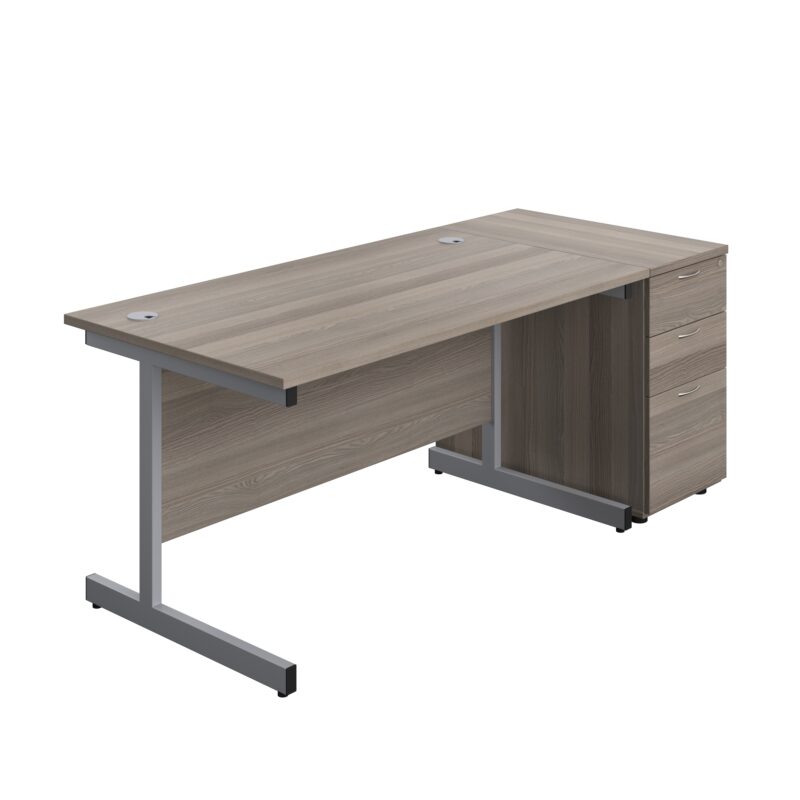 Single Upright Rectangular Desk + Desk High 3 Drawer Pedestal | 1400 X 800 | Grey Oak/Silver