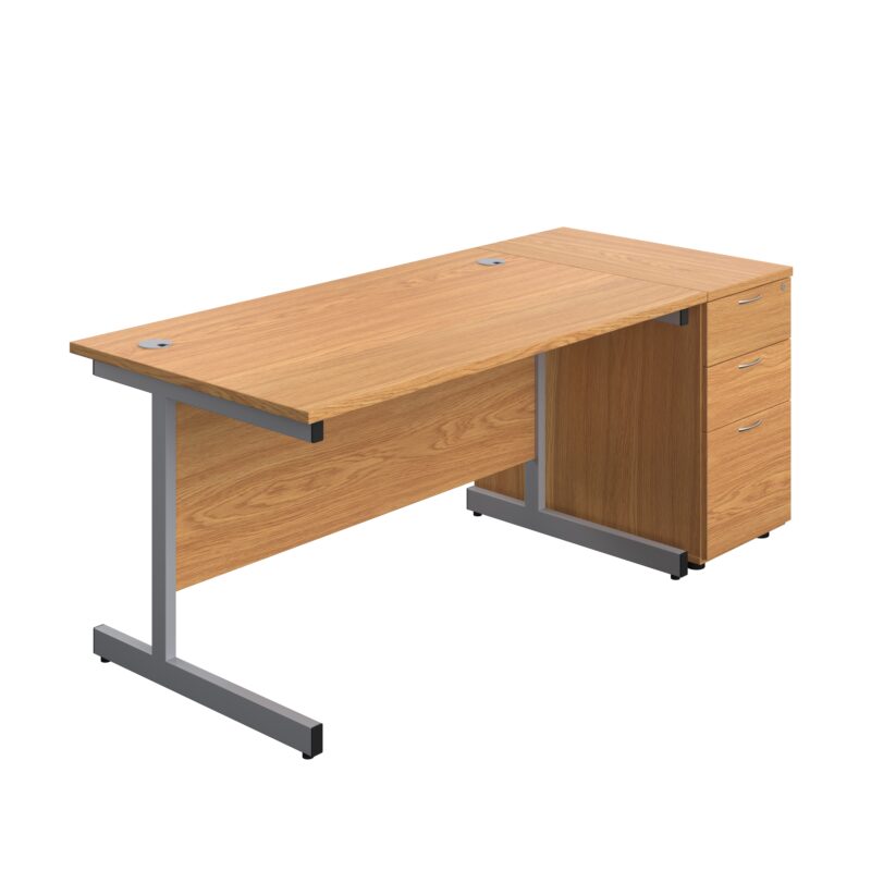 Single Upright Rectangular Desk + Desk High 3 Drawer Pedestal | 1400 X 800 | Nova Oak/Silver