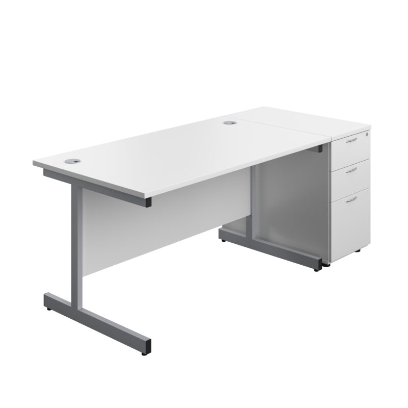 Single Upright Rectangular Desk + Desk High 3 Drawer Pedestal | 1400 X 800 | White/Silver