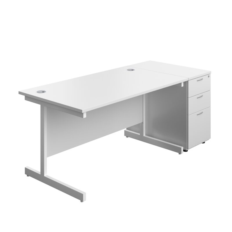 Single Upright Rectangular Desk + Desk High 3 Drawer Pedestal | 1400 X 800 | White/White