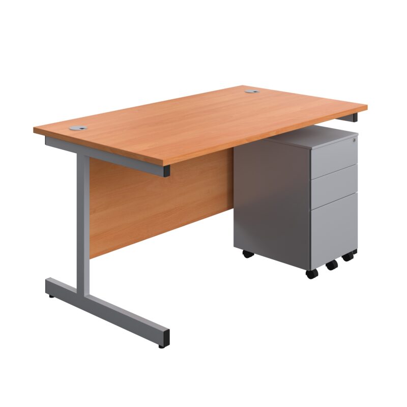 Single Upright Rectangular Desk + Under Desk Steel Pedestal 3 Drawers | 1400 X 800 | Beech/Silver