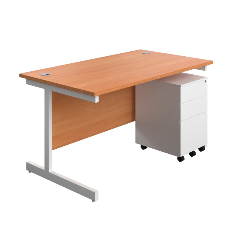 Single Upright Rectangular Desk + Under Desk Steel Pedestal 3 Drawers | 1400 X 800 | Beech/White