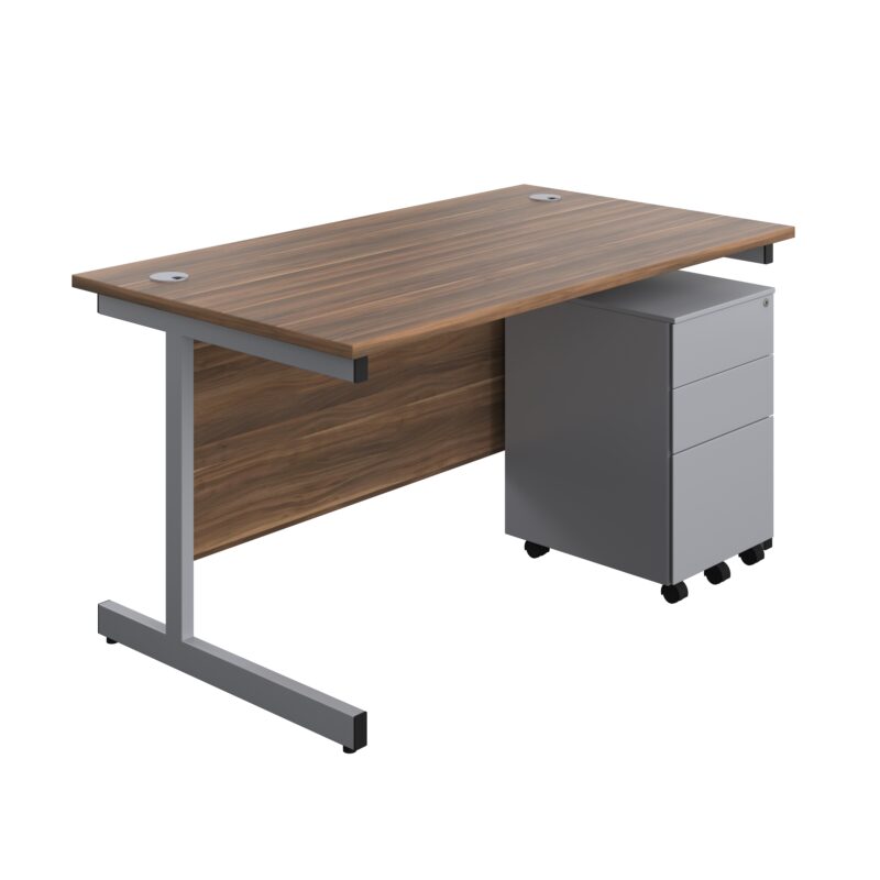 Single Upright Rectangular Desk + Under Desk Steel Pedestal 3 Drawers | 1400 X 800 | Dark Walnut/Silver