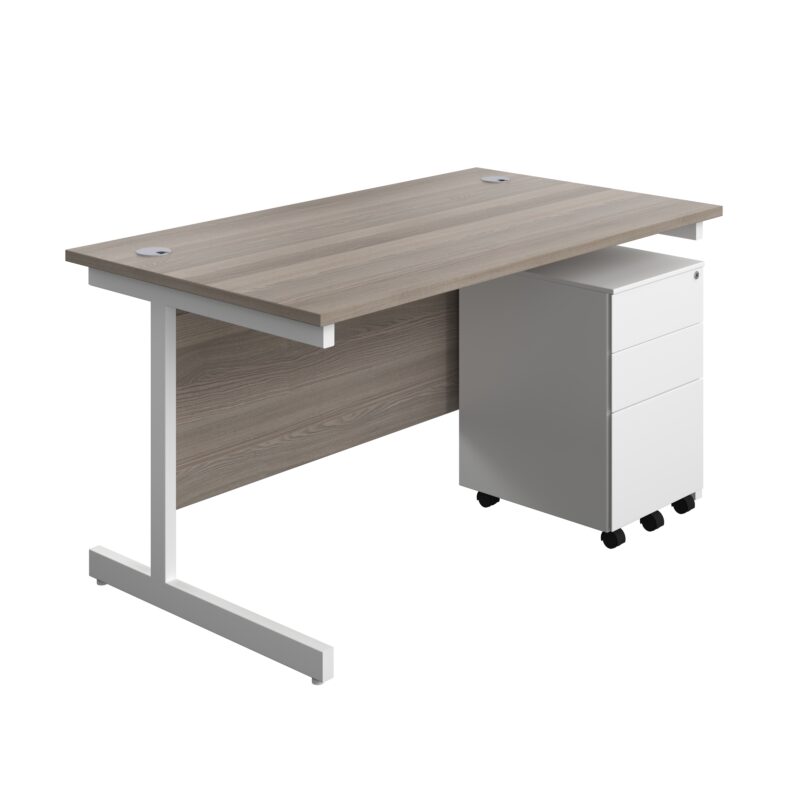 Single Upright Rectangular Desk + Under Desk Steel Pedestal 3 Drawers | 1400 X 800 | Grey Oak/White