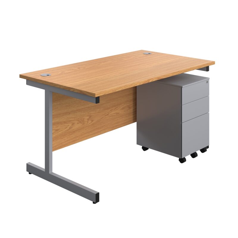 Single Upright Rectangular Desk + Under Desk Steel Pedestal 3 Drawers | 1400 X 800 | Nova Oak/Silver