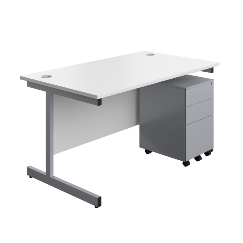 Single Upright Rectangular Desk + Under Desk Steel Pedestal 3 Drawers | 1400 X 800 | White/Silver