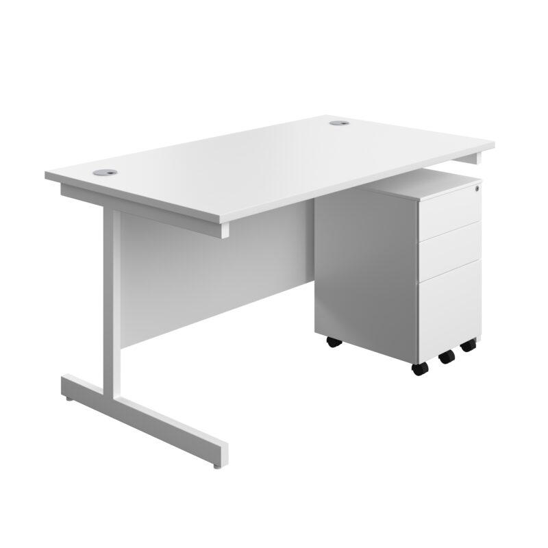 Single Upright Rectangular Desk + Under Desk Steel Pedestal 3 Drawers | 1400 X 800 | White/White