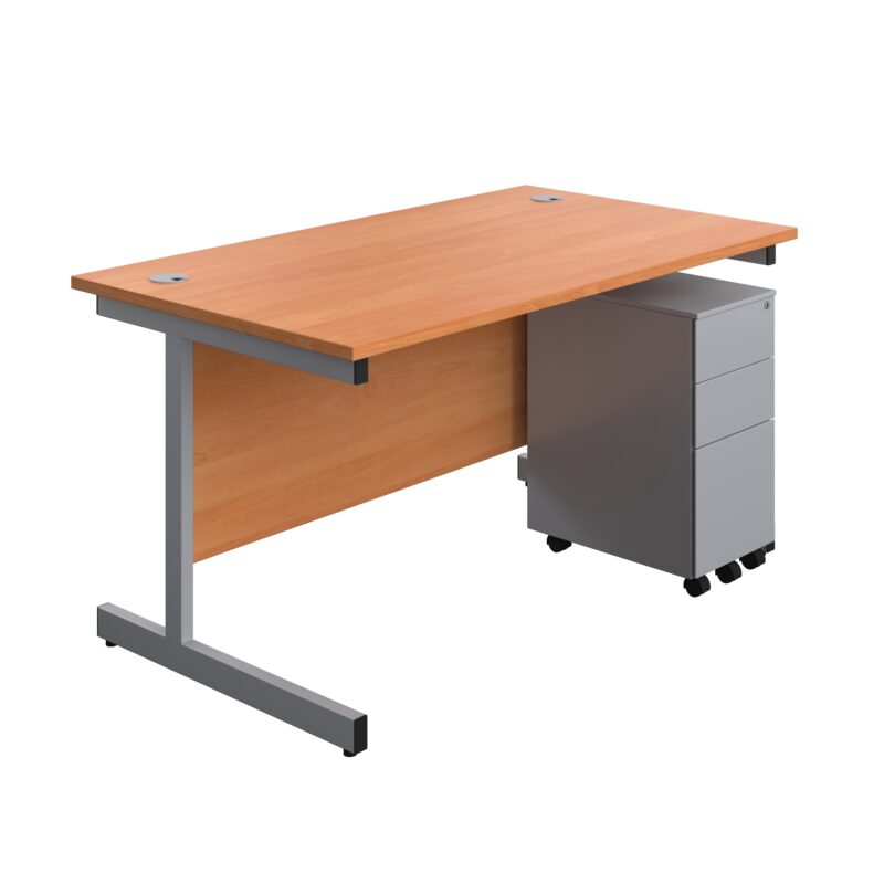 Single Upright Rectangular Desk + Slimline Steel Pedestal 3 Drawers | 1400 X 800 | Beech/Silver