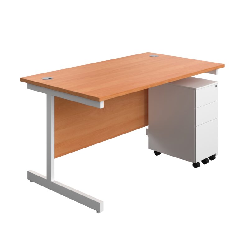 Single Upright Rectangular Desk + Slimline Steel Pedestal 3 Drawers | 1400 X 800 | Beech/White