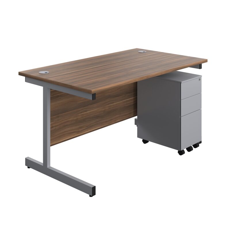 Single Upright Rectangular Desk + Slimline Steel Pedestal 3 Drawers | 1400 X 800 | Dark Walnut/Silver