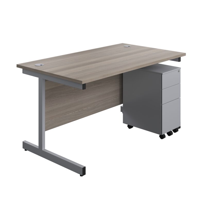 Single Upright Rectangular Desk + Slimline Steel Pedestal 3 Drawers | 1400 X 800 | Grey Oak/Silver