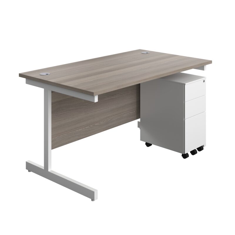 Single Upright Rectangular Desk + Slimline Steel Pedestal 3 Drawers | 1400 X 800 | Grey Oak/White