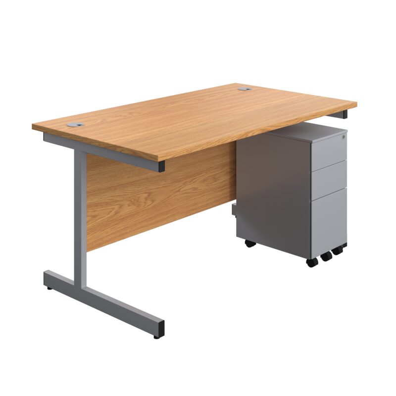 Single Upright Rectangular Desk + Slimline Steel Pedestal 3 Drawers | 1400 X 800 | Nova Oak/Silver