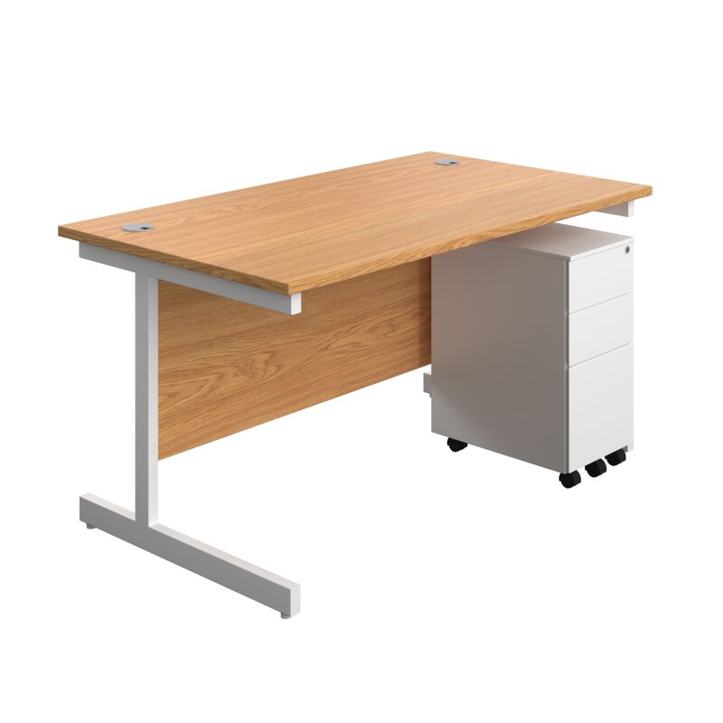 Single Upright Rectangular Desk + Slimline Steel Pedestal 3 Drawers | 1400 X 800 | Nova Oak/White