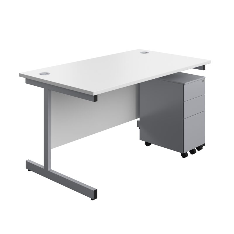 Single Upright Rectangular Desk + Slimline Steel Pedestal 3 Drawers | 1400 X 800 | White/Silver