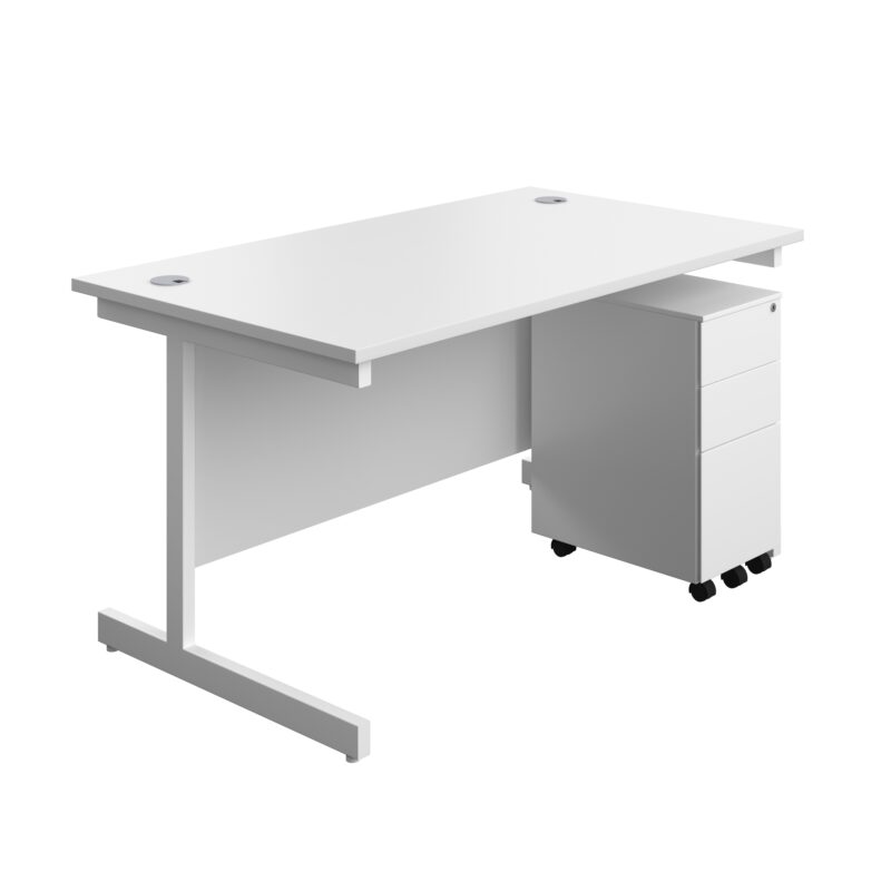 Single Upright Rectangular Desk + Slimline Steel Pedestal 3 Drawers | 1400 X 800 | White/White